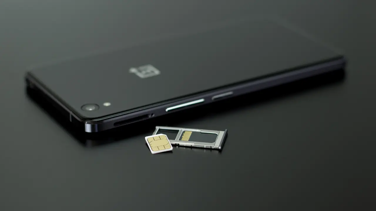 A SIM card resting on its ejected tray beside the back of a smartphone.