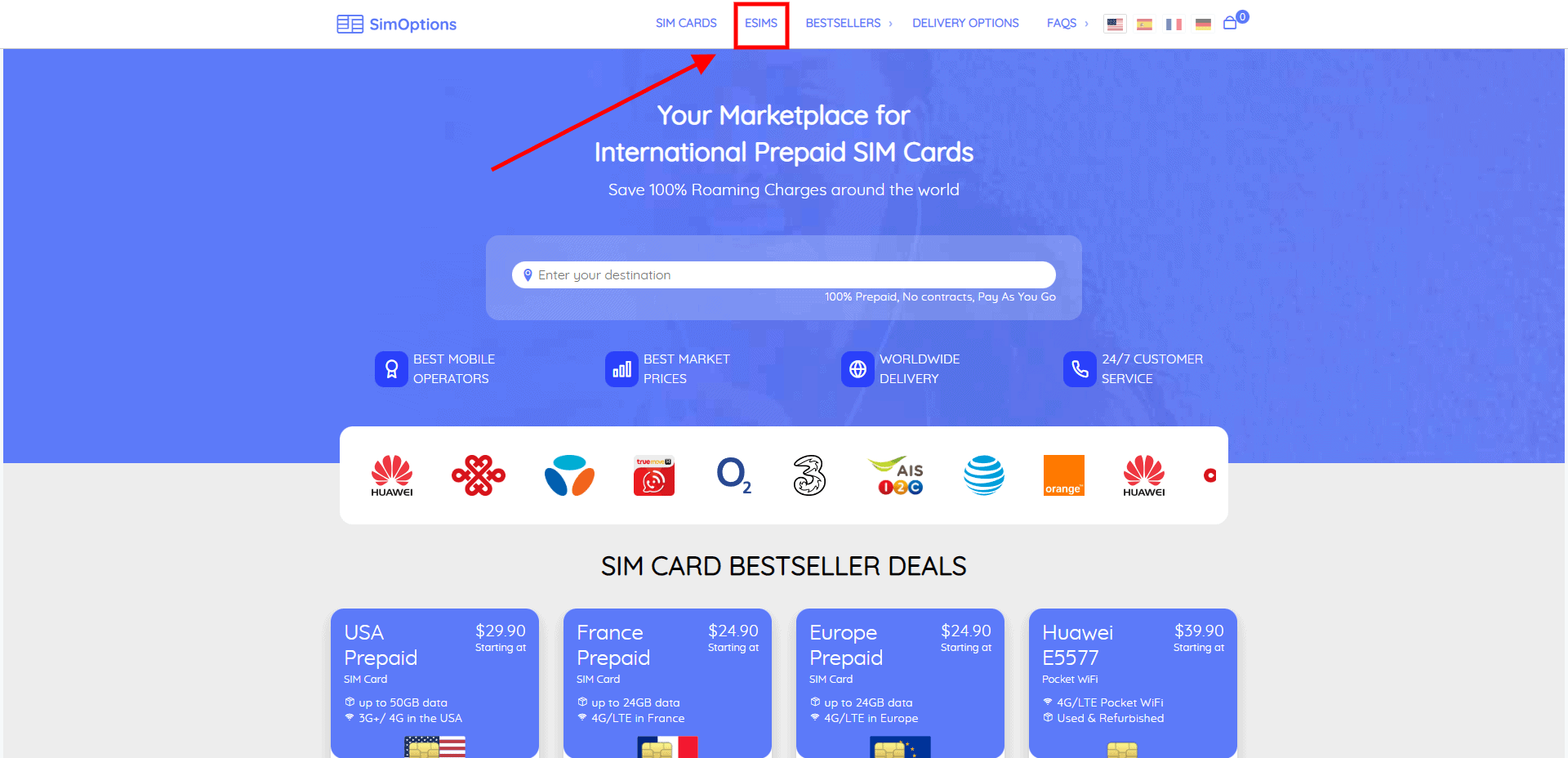 simoptions homepage with a red arrow pointing to esims