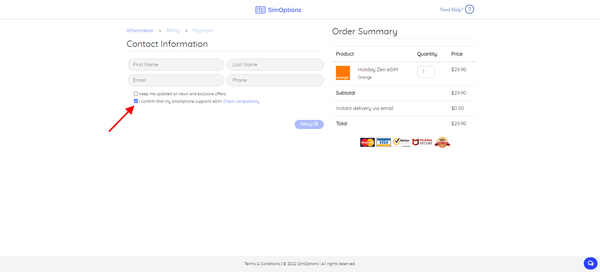 simoptions checkout page with a red arrow pointing to the box to confirm that the smartphone is esim compatible