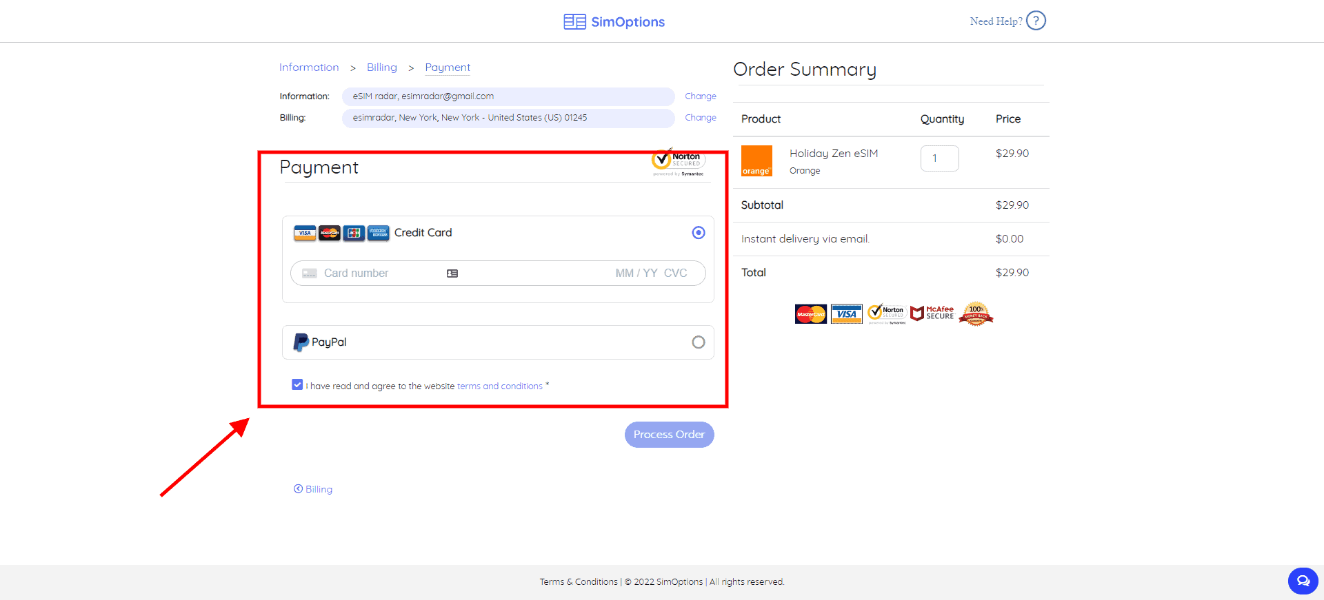 simoptios checkout page with a red box around the payment options