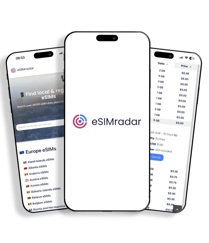 esimradar 웹사이트의 스크린샷을 보여주는 아이폰 3대가 나란히 놓여 있습니다.