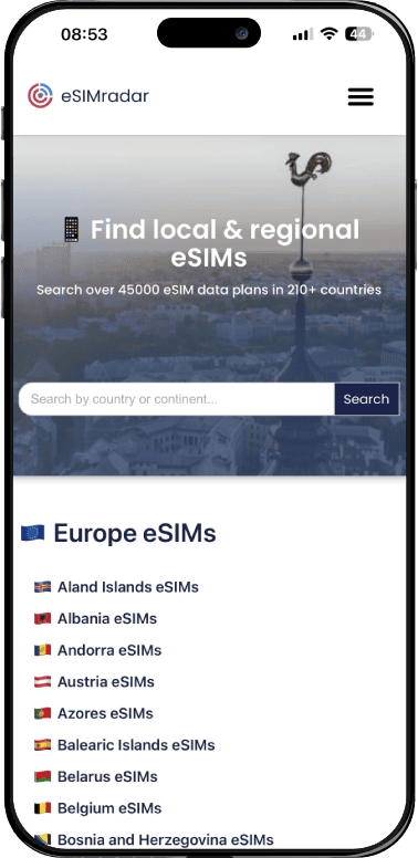 screenshot of esimradar to select different countries for various esim plans